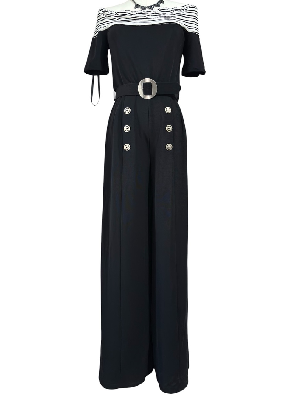 Joseph Ribkoff Wide Leg Jumpsuit 6 Nautical Off Shoulder Quiet Luxury Black - Picture 2 of 12